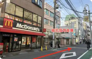 マクドナルド、城北信用金庫を左手に通過します。